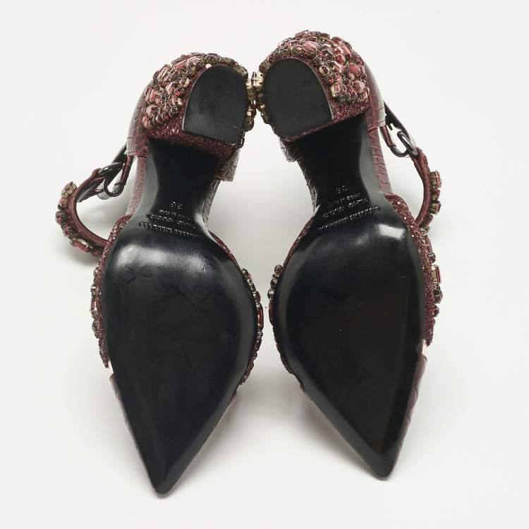 Pre Owned Nicholas Kirkwood Burgundy Croc Embossed and Crystal Embellished Pumps Size 36