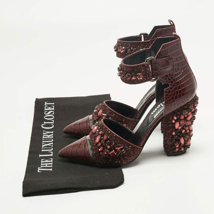Pre Owned Nicholas Kirkwood Burgundy Croc Embossed and Crystal Embellished Pumps Size 36