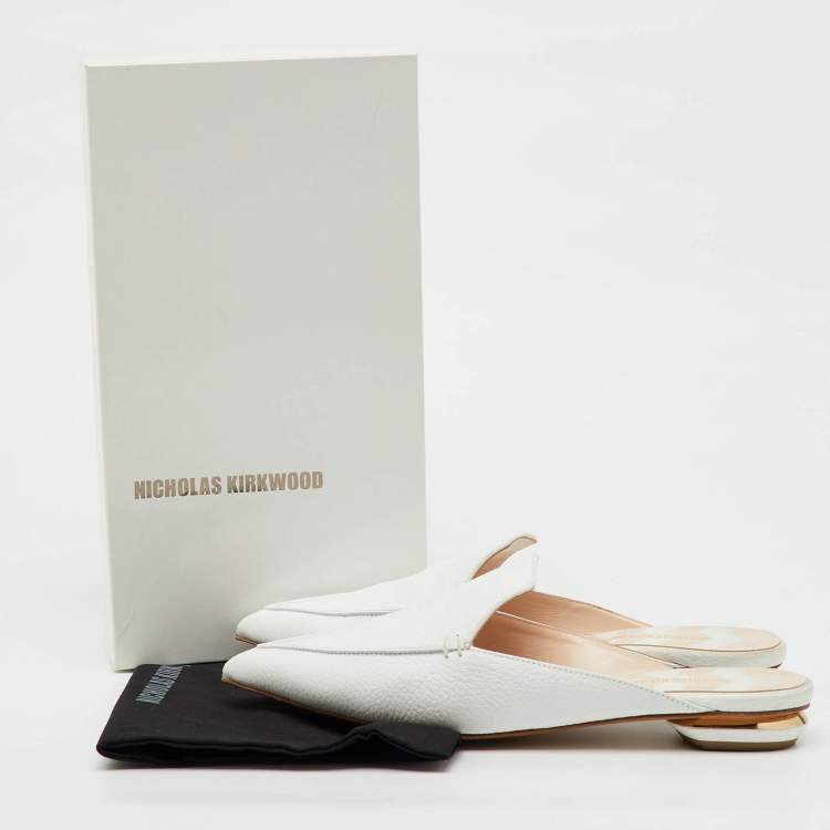 Pre Owned Nicholas Kirkwood White Leather Beya Pointed Toe Flat Mules Size 41.5