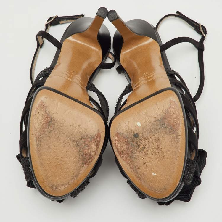 Pre Owned Nicholas Kirkwood Black Satin and Glitter Rose Platform Sandals Size 37