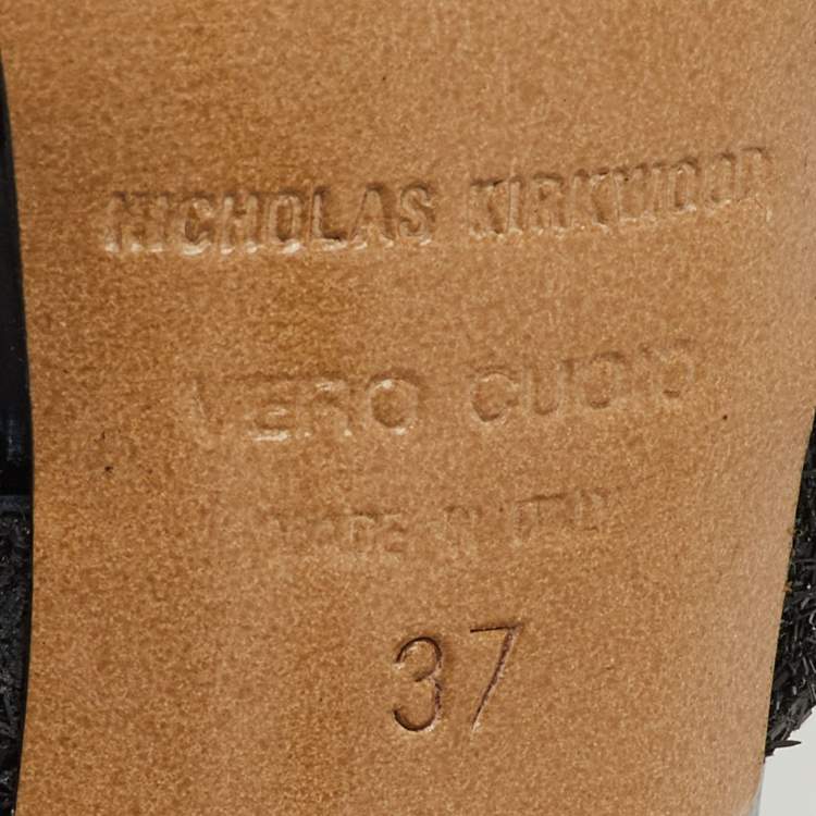 Pre Owned Nicholas Kirkwood Black Satin and Glitter Rose Platform Sandals Size 37