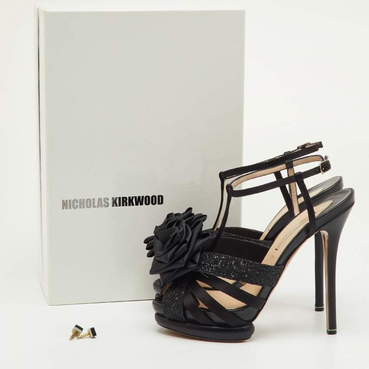 Pre Owned Nicholas Kirkwood Black Satin and Glitter Rose Platform Sandals Size 37