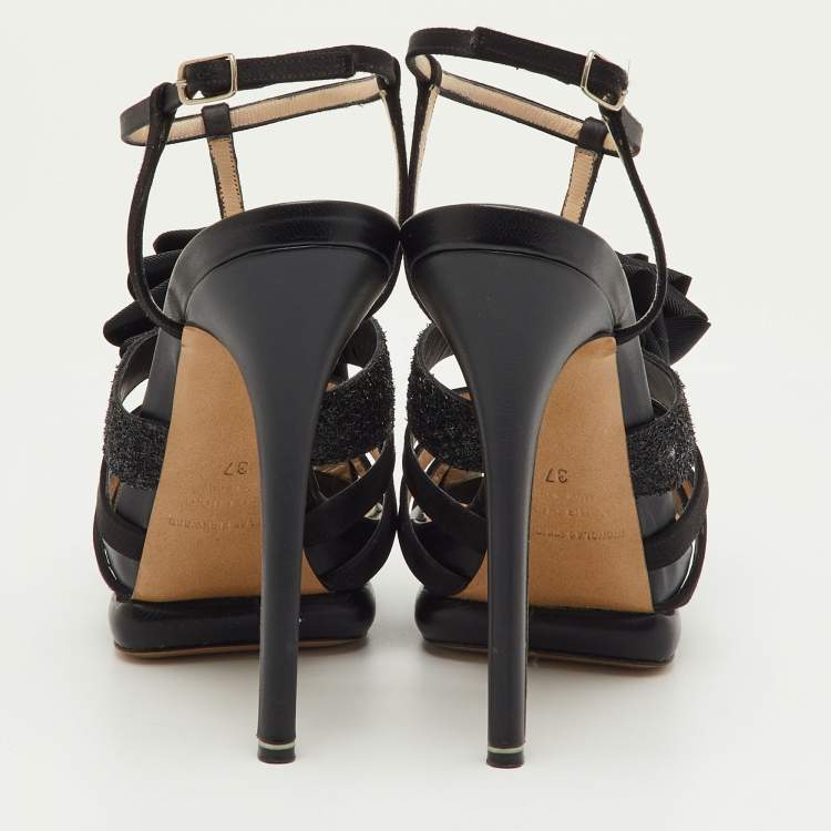 Pre Owned Nicholas Kirkwood Black Satin and Glitter Rose Platform Sandals Size 37