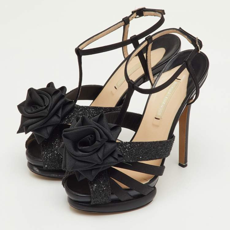 Pre Owned Nicholas Kirkwood Black Satin and Glitter Rose Platform Sandals Size 37