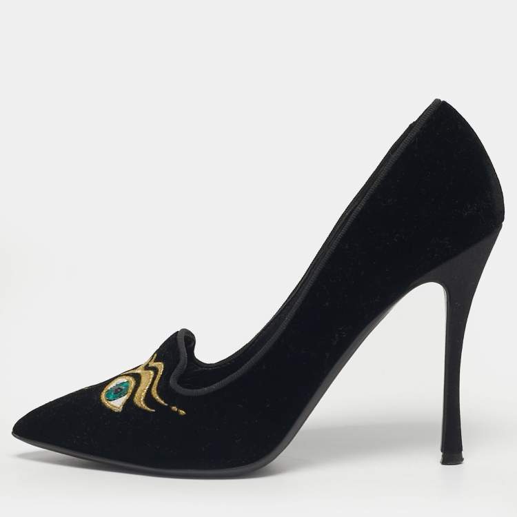 Pre Owned Nicholas Kirkwood Size 35.5 Black Velvet Eye Motif Pointed Toe Pumps