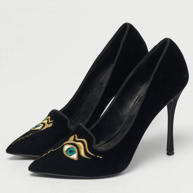 Pre Owned Nicholas Kirkwood Size 35.5 Black Velvet Eye Motif Pointed Toe Pumps