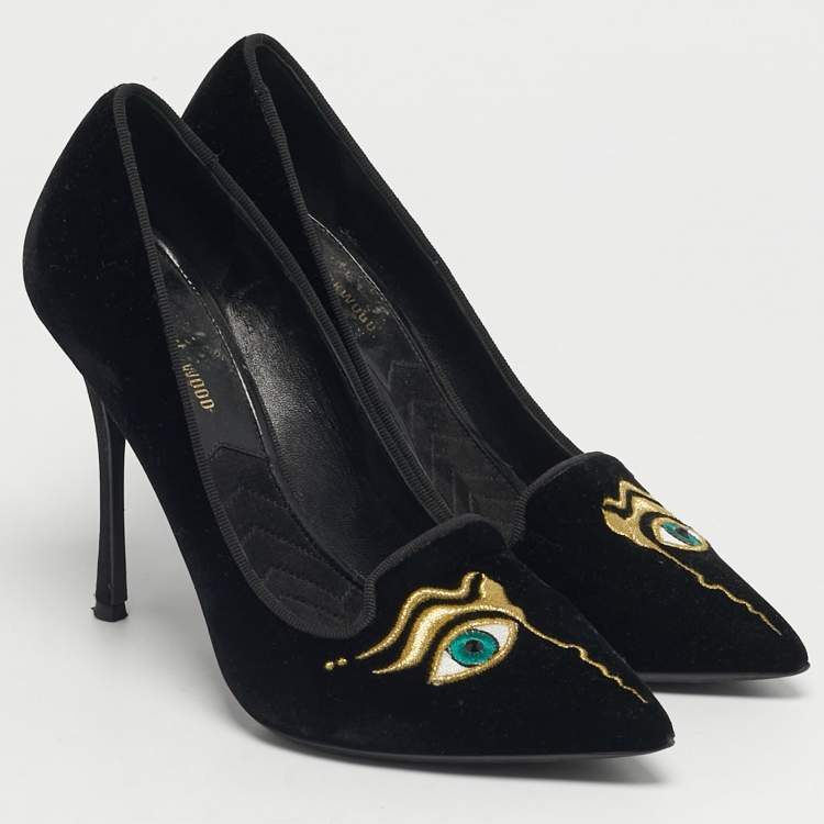 Pre Owned Nicholas Kirkwood Size 35.5 Black Velvet Eye Motif Pointed Toe Pumps