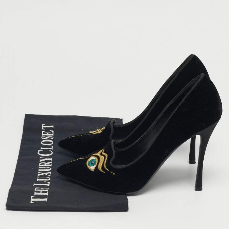Pre Owned Nicholas Kirkwood Size 35.5 Black Velvet Eye Motif Pointed Toe Pumps