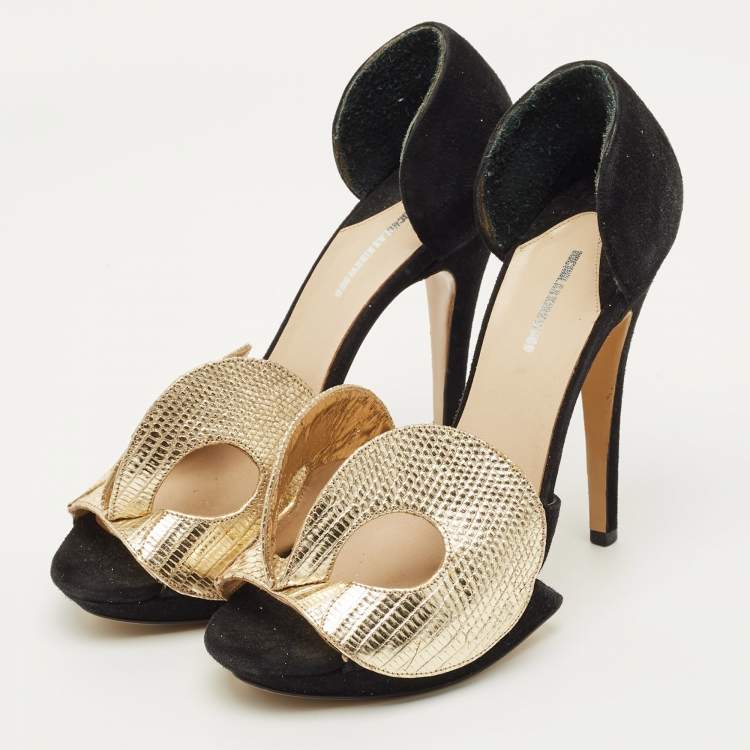 Pre Owned Nicholas Kirkwood Size 37 Black/Gold Leather and Suede Platform Sandals