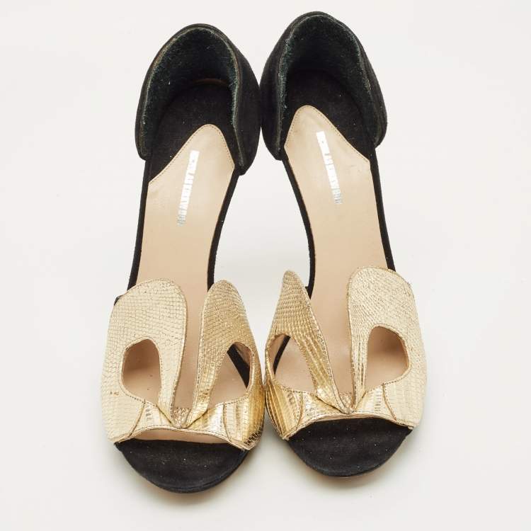 Pre Owned Nicholas Kirkwood Size 37 Black/Gold Leather and Suede Platform Sandals
