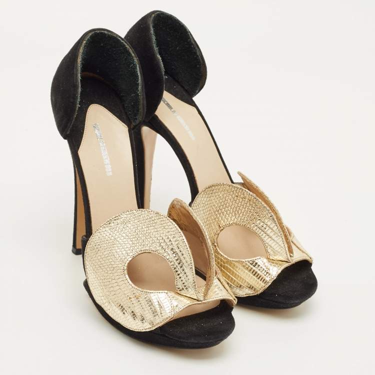 Pre Owned Nicholas Kirkwood Size 37 Black/Gold Leather and Suede Platform Sandals