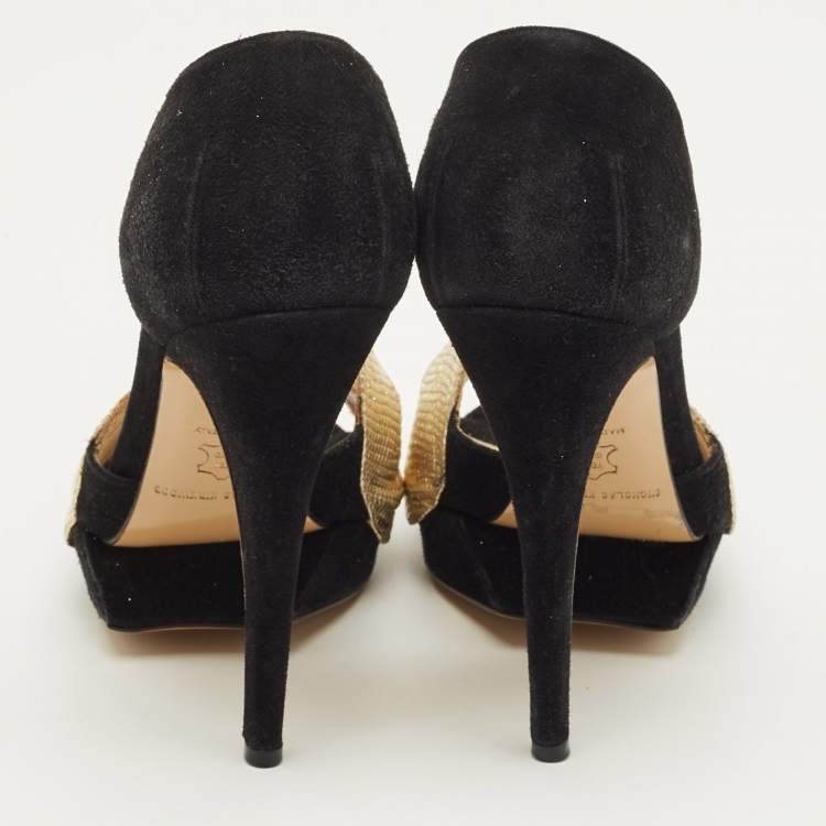 Pre Owned Nicholas Kirkwood Size 37 Black/Gold Leather and Suede Platform Sandals