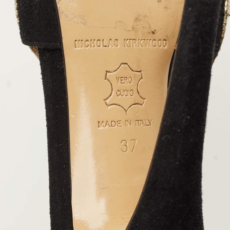 Pre Owned Nicholas Kirkwood Size 37 Black/Gold Leather and Suede Platform Sandals