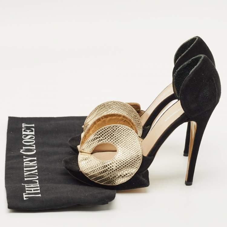 Pre Owned Nicholas Kirkwood Size 37 Black/Gold Leather and Suede Platform Sandals