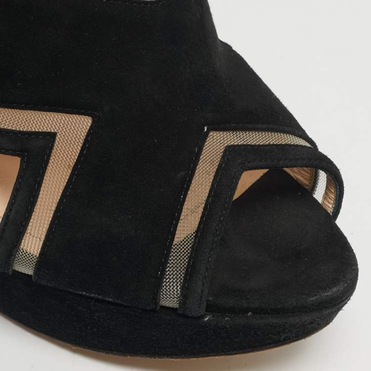 مملوكة مسبقًا Nicholas Kirkwood Size 37.5 Black Lace and Suede Pearl Embellished Platform Slide Sandals