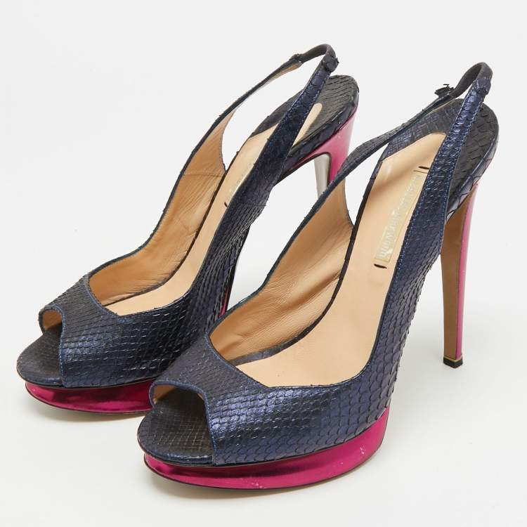 Pre Owned Nicholas Kirkwood Size 38.5 Navy Blue Python Leather Peep Toe Slingback Pumps