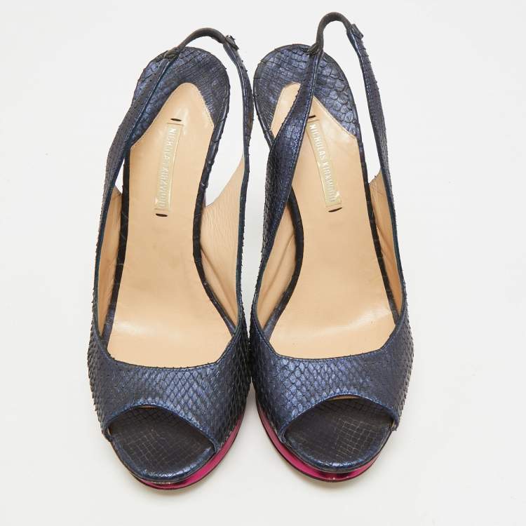 Pre Owned Nicholas Kirkwood Size 38.5 Navy Blue Python Leather Peep Toe Slingback Pumps