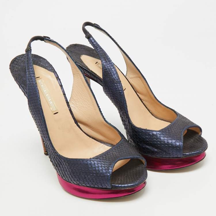 Pre Owned Nicholas Kirkwood Size 38.5 Navy Blue Python Leather Peep Toe Slingback Pumps