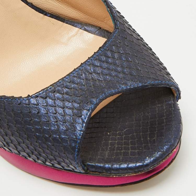 Pre Owned Nicholas Kirkwood Size 38.5 Navy Blue Python Leather Peep Toe Slingback Pumps