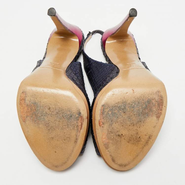 Pre Owned Nicholas Kirkwood Size 38.5 Navy Blue Python Leather Peep Toe Slingback Pumps