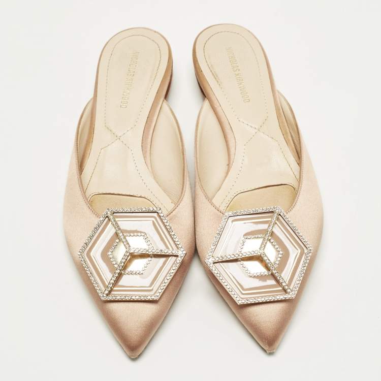 Pre Owned Nicholas Kirkwood Eden Size 36.5 Beige Satin Crystals Embellished Mules