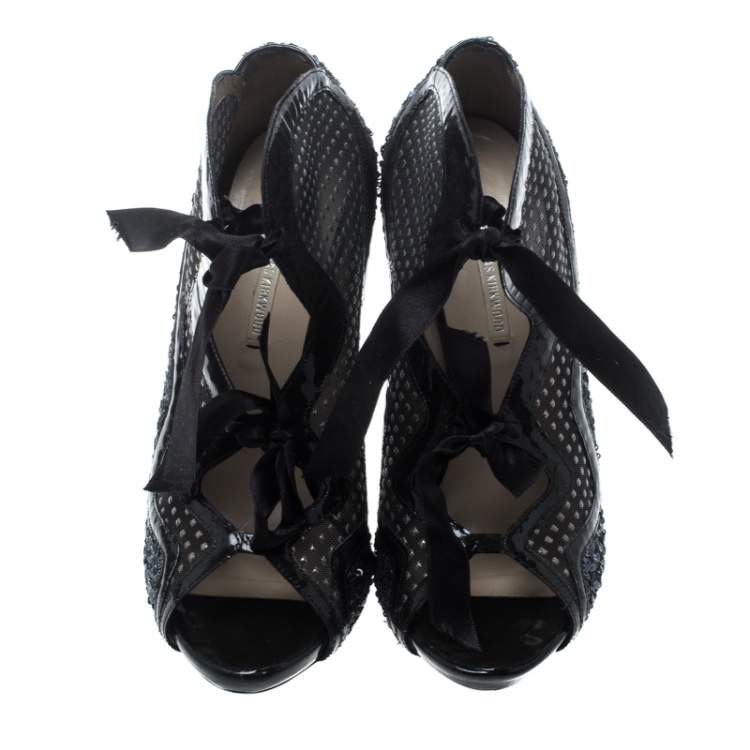 Pre Owned Nicholas Kirkwood Two Tone Sequined and Mesh Peep Toe Booties Size 38.5