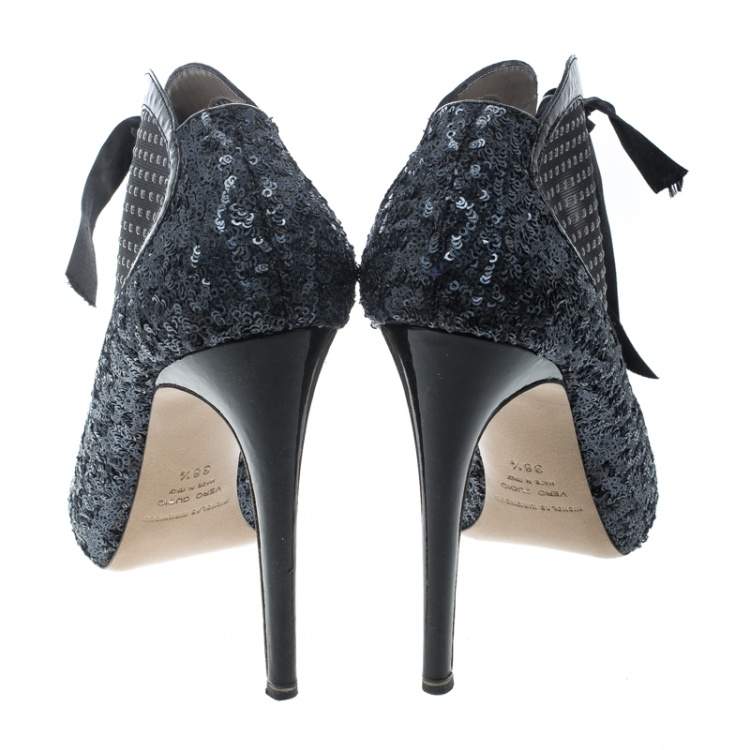 Pre Owned Nicholas Kirkwood Two Tone Sequined and Mesh Peep Toe Booties Size 38.5