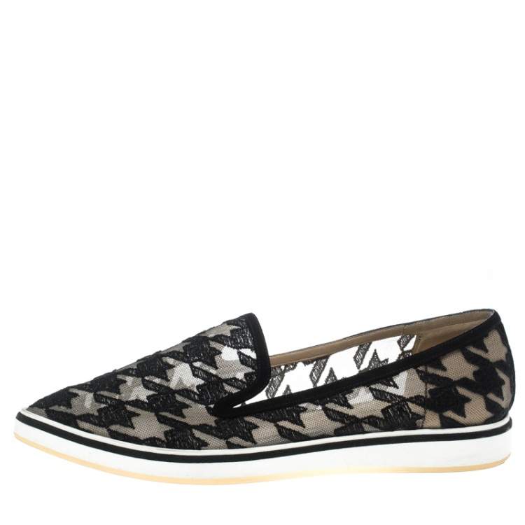 Pre Owned Nicholas Kirkwood Black Mesh and Fabric Alona Hound's Tooth Emroidered Pointed Toe Loafers Size 38