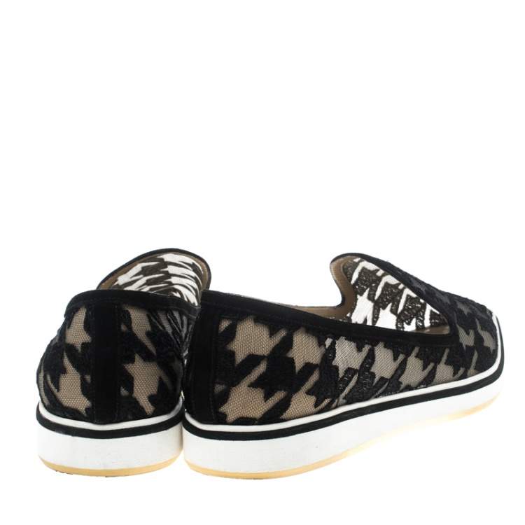 Pre Owned Nicholas Kirkwood Black Mesh and Fabric Alona Hound's Tooth Emroidered Pointed Toe Loafers Size 38