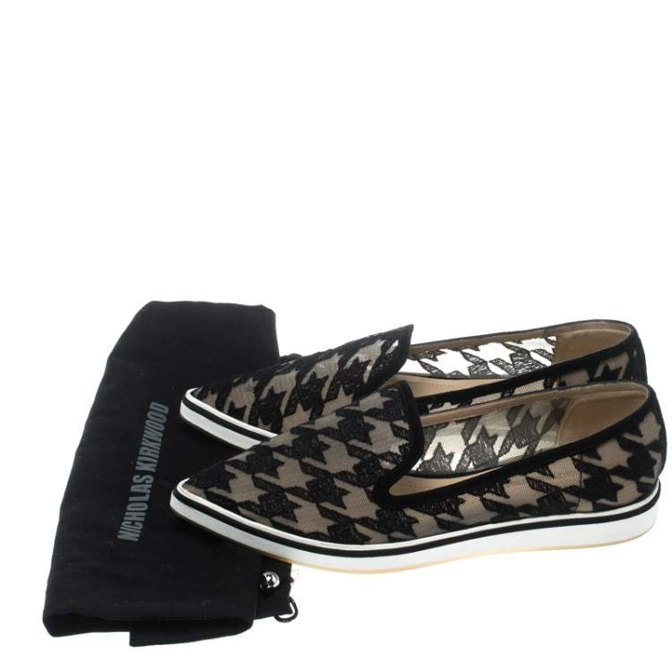 Pre Owned Nicholas Kirkwood Black Mesh and Fabric Alona Hound's Tooth Emroidered Pointed Toe Loafers Size 38