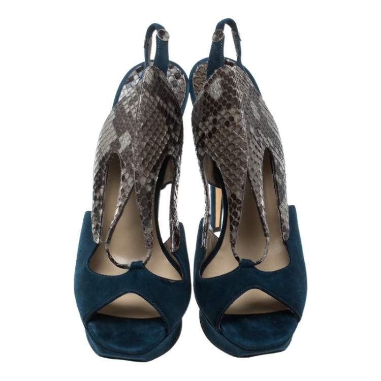 Pre Owned Nicholas Kirkwood Multicolor Suede and Python Platform Slingback Sandals Size 37