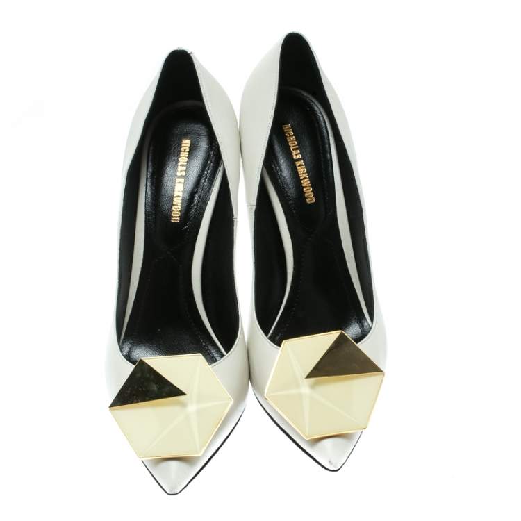 Pre Owned Nicholas Kirkwood White Leather Hexagon Pointed Toe Pumps Size 37.5