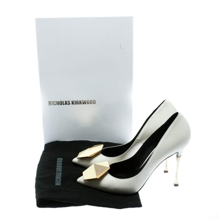 Pre Owned Nicholas Kirkwood White Leather Hexagon Pointed Toe Pumps Size 37.5