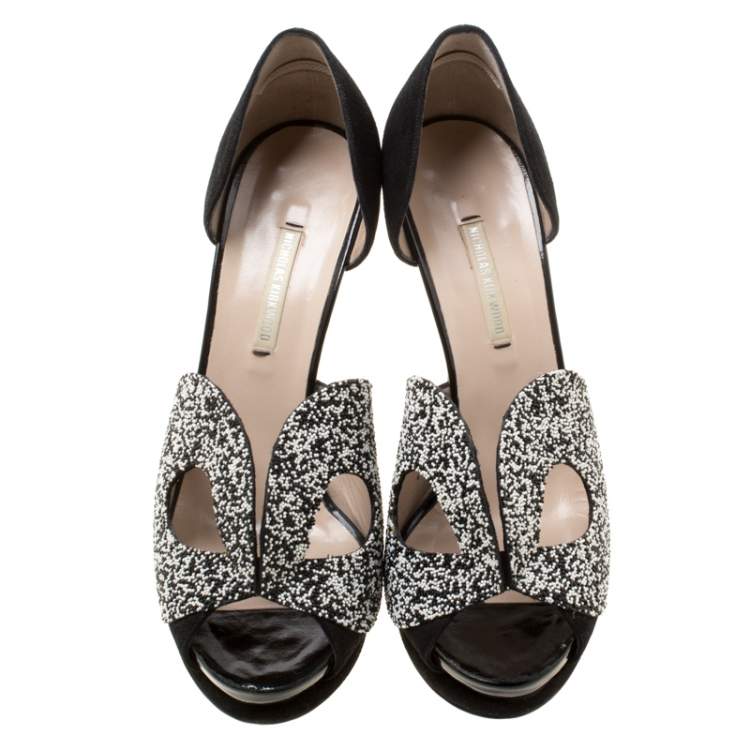 Pre Owned Nicholas Kirkwood Monochrome Suede Cut Out Platform Peep Toe Sandals Size 38.5