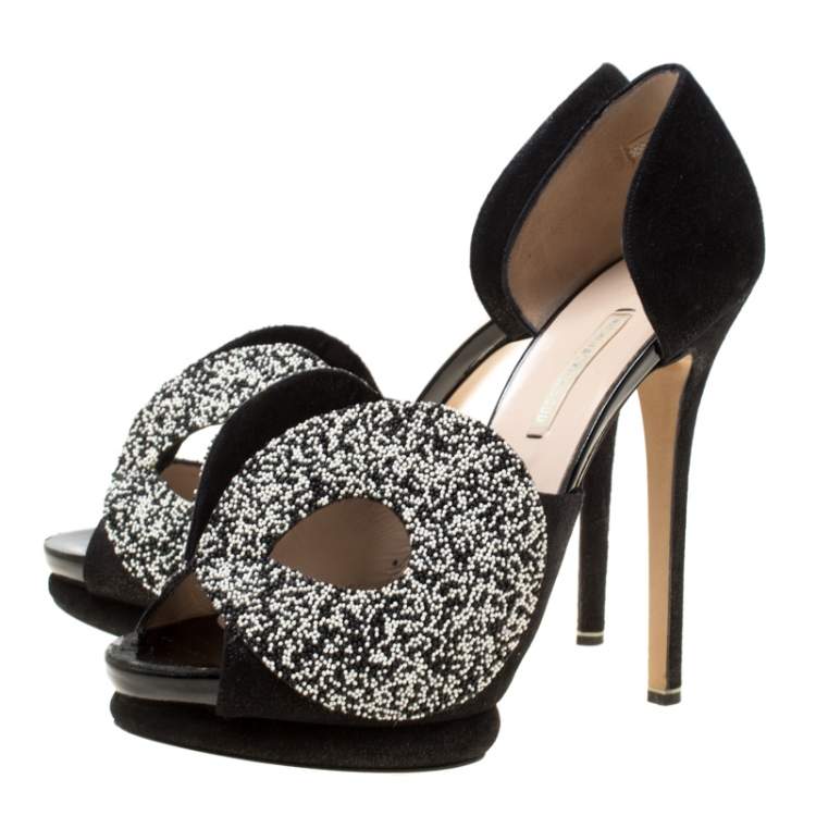Pre Owned Nicholas Kirkwood Monochrome Suede Cut Out Platform Peep Toe Sandals Size 38.5