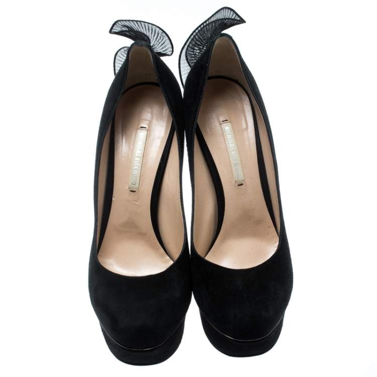 Pre Owned Nicholas Kirkwood Black Suede Ruffle Trimmed Platform Pumps Size 37.5