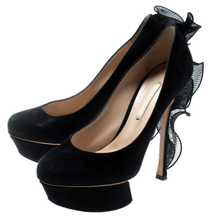 Pre Owned Nicholas Kirkwood Black Suede Ruffle Trimmed Platform Pumps Size 37.5
