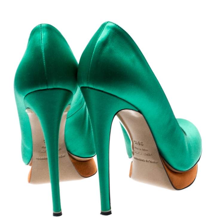 Pre Owned Nicholas Kirkwood Green Satin Platform Pumps Size 36.5