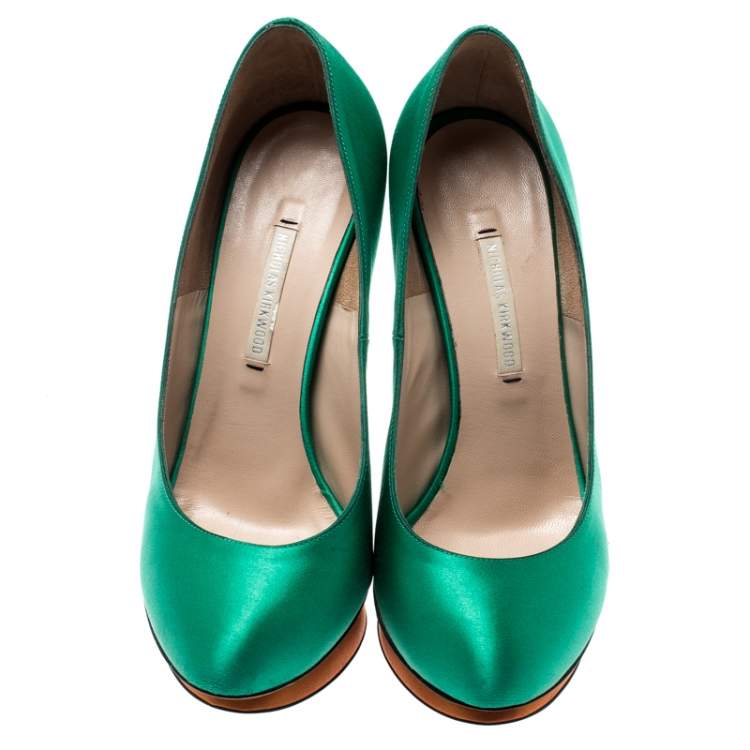 Pre Owned Nicholas Kirkwood Green Satin Platform Pumps Size 36.5