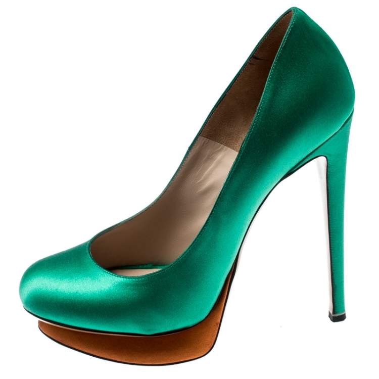 Pre Owned Nicholas Kirkwood Green Satin Platform Pumps Size 36.5