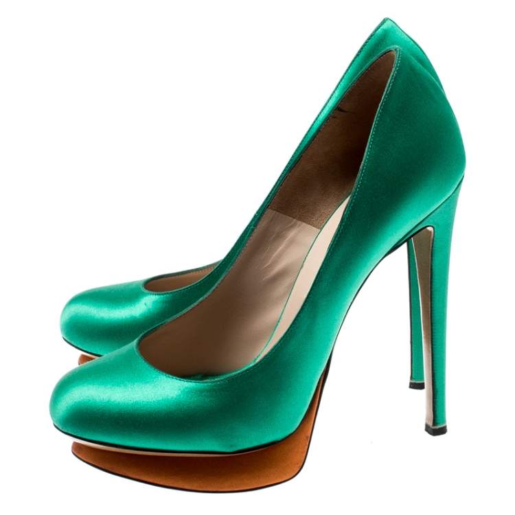 Pre Owned Nicholas Kirkwood Green Satin Platform Pumps Size 36.5