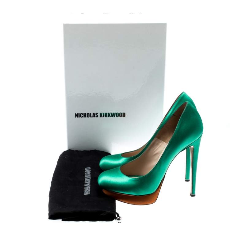 Pre Owned Nicholas Kirkwood Green Satin Platform Pumps Size 36.5