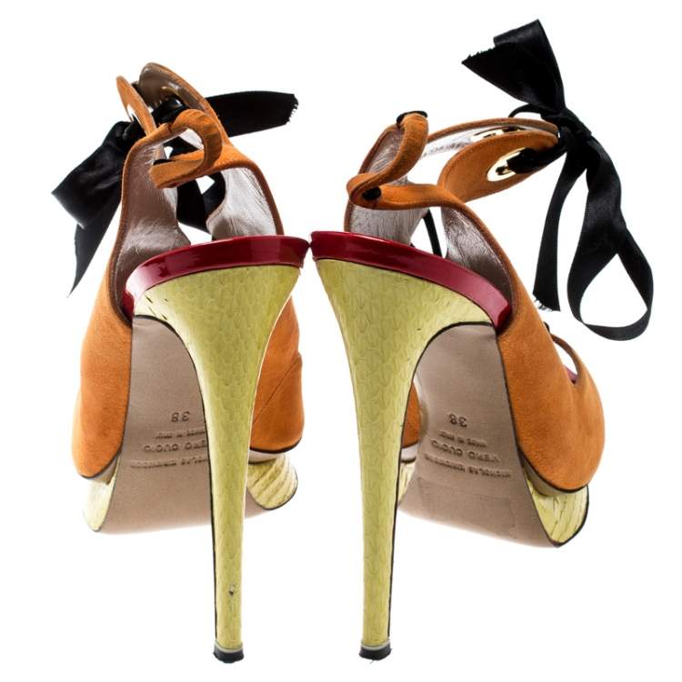 Pre Owned  Nicholas Kirkwood Multicolor Suede And Elaphe Python Cut Out Platform Slingback Sandals Size 38