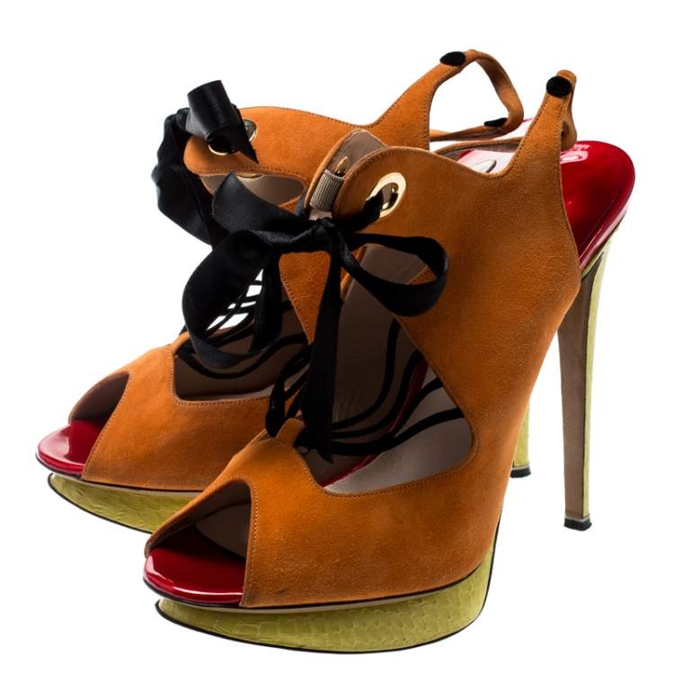 Pre Owned  Nicholas Kirkwood Multicolor Suede And Elaphe Python Cut Out Platform Slingback Sandals Size 38