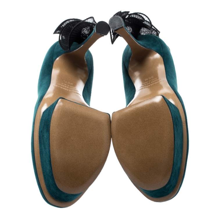 Pre Owned Nicholas Kirkwood Blue Suede Ruffle Trimmed Platform Pumps Size 36.5