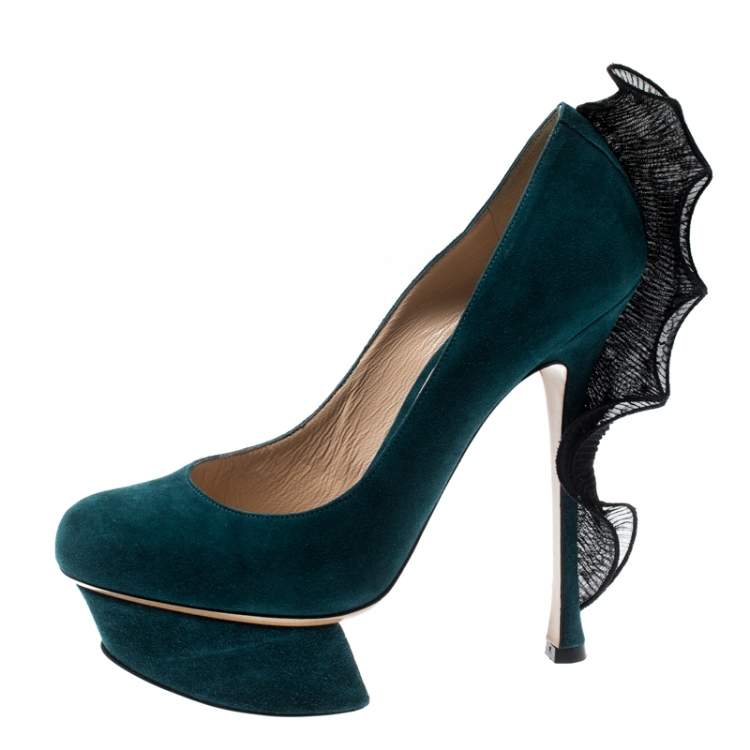 Pre Owned Nicholas Kirkwood Blue Suede Ruffle Trimmed Platform Pumps Size 36.5