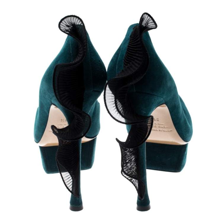 Pre Owned Nicholas Kirkwood Blue Suede Ruffle Trimmed Platform Pumps Size 36.5