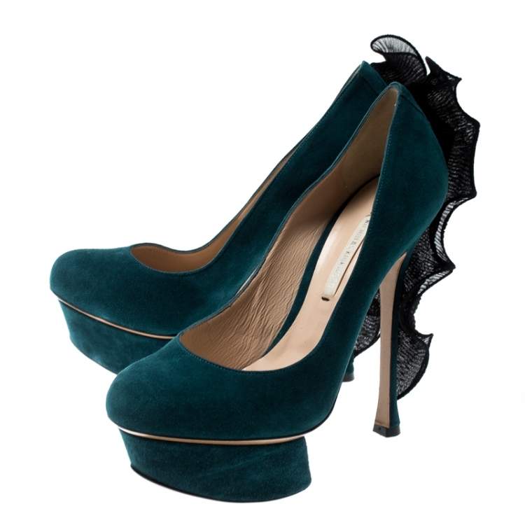 Pre Owned Nicholas Kirkwood Blue Suede Ruffle Trimmed Platform Pumps Size 36.5