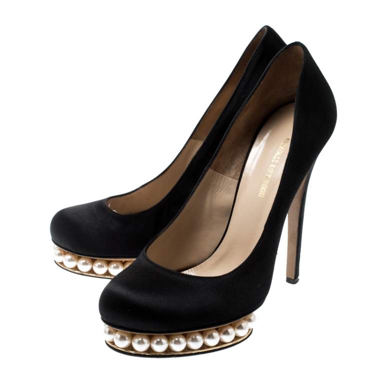 Pre Owned Nicholas Kirkwood Black Satin Casati Faux Pearl Platform Pumps Size 39