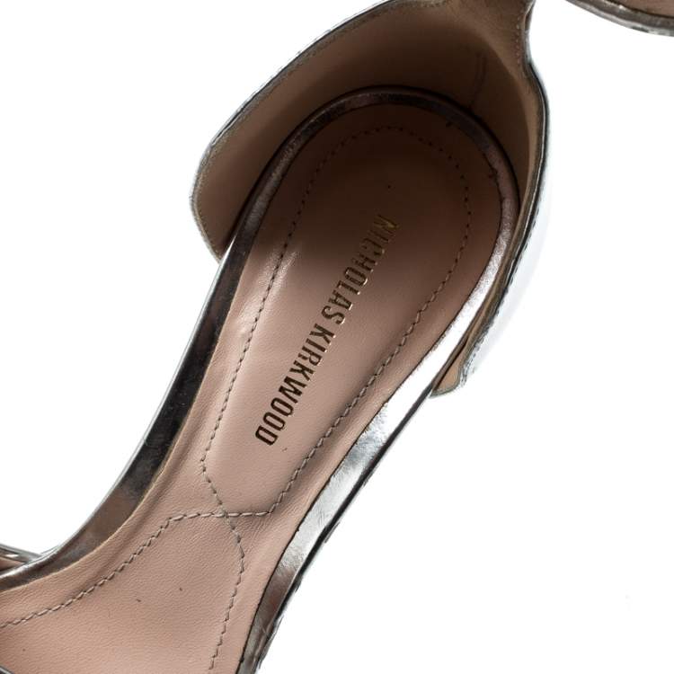 Pre Owned Nicholas Kirkwood Metallic Silver Leather Pearl Embellished Ankle Cuff Platform Sandals Size 36